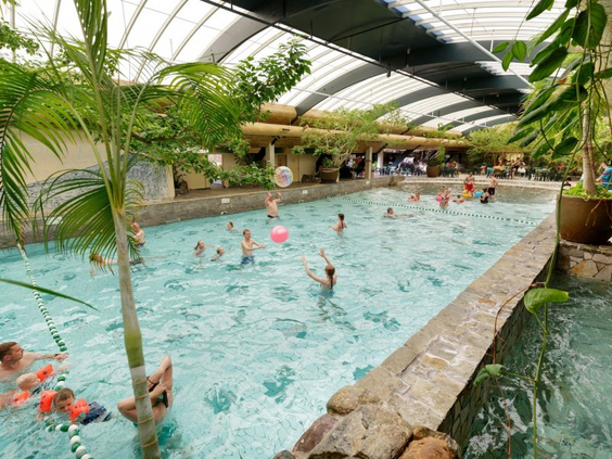Overzicht van het golfslagbad in de Aqua Mundo van Center Parcs Het Meerdal, vol met families die spelen in het water onder de grote glazen koepel.