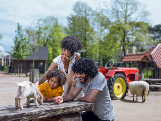 Een gezin met een jong kind aait een klein geitje op de kinderboerderij van Center Parcs Erperheide, met een tractor op de achtergrond.