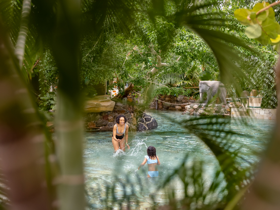 Een moeder en dochter spelen en spetteren in het water van het tropische zwembad in de Aqua Mundo van Center Parcs Erperheide, omgeven door weelderige planten.