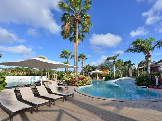 Het zwembad van CHOGOGO Dive & Beach Resort met luxe ligbedden, parasols en wuivende palmbomen.