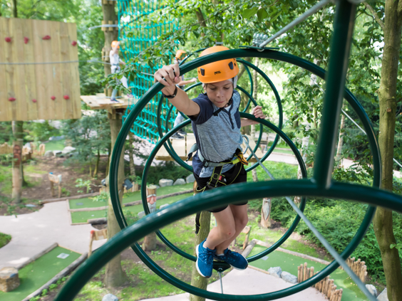 Een jongen, gezekerd en met een helm op, klimt door een ringenobstakel op het High Adventure klimparcours tussen de bomen bij Center Parcs De Eemhof.
