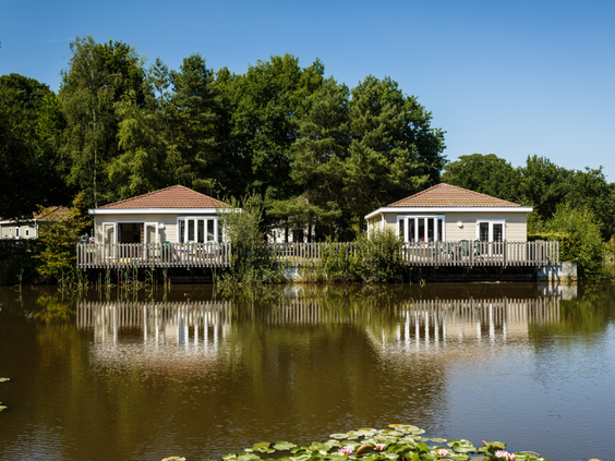Twee luxe vakantiehuizen op palen direct aan het water van de recreatieplas op Molecaten Park De Flaasbloem, omgeven door groen.