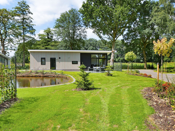 Moderne, vrijstaande vakantielodge op Vakantiepark De Lochemse Berg met een zeer ruime, groene tuin en een eigen vijver.