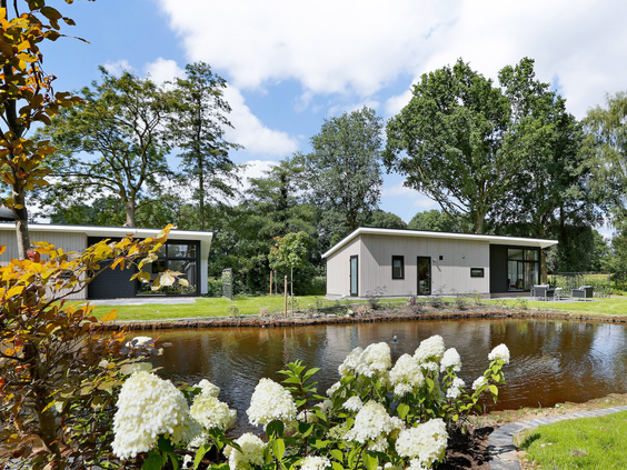 Uitzicht over de vijver met bloeiende witte hortensia's op de moderne vakantielodges van Vakantiepark De Lochemse Berg.