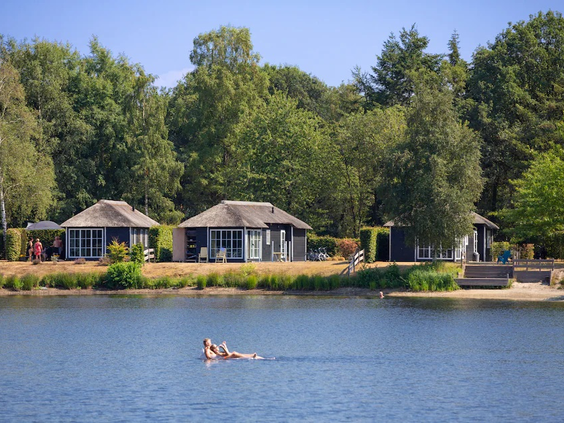 Een persoon zwemt in de grote recreatieplas op vakantiepark De Tolplas in Overijssel, met op de achtergrond vakantiehuizen aan het water.