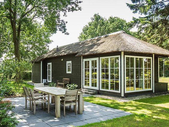 Een luxe, donker vakantiehuis met een rieten dak en een serre op vakantiepark De Tolplas, met een groot terras en tuinmeubilair.