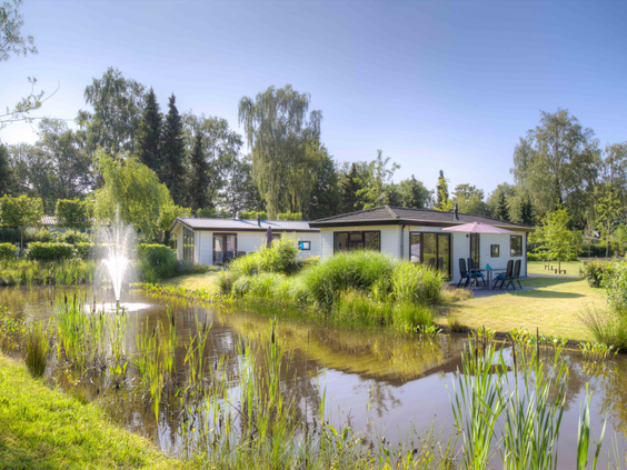 Overzicht van vakantiepark De Wielerbaan met vakantiehuisjes gelegen aan een mooie vijver met een fontein, omgeven door bomen en groen.