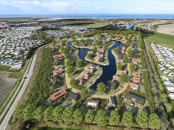 Luchtfoto van Dormio Resort Nieuwvliet-Bad, met een overzicht van de ligging tussen de Zeeuwse polders en vlak bij de Noordzee.
