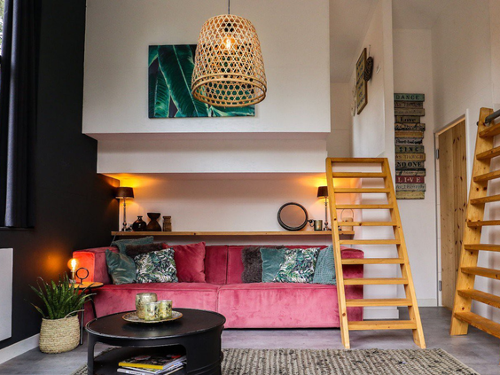 Een hippe en kleurrijk ingerichte woonkamer in een vakantiehuis op Droompark De Zanding, met een roze bank en een houten ladder naar de vide.
