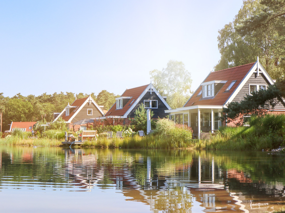 Traditionele vakantiehuizen op Droompark De Zanding, gelegen aan de rand van een meer op de Veluwe.