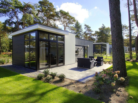 Een modern design vakantiehuis met een terras op Droompark De Zanding, gelegen tussen de bomen in de bosrijke omgeving van de Veluwe.