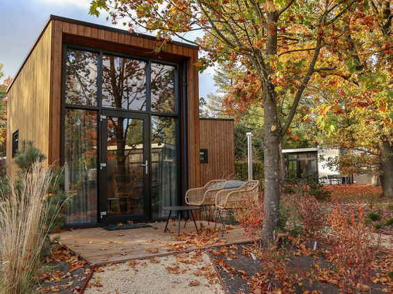 Een moderne, houten 'tiny house' vakantiewoning met een grote glazen pui, gelegen in de bossen van Droompark Hooge Veluwe in de herfst.