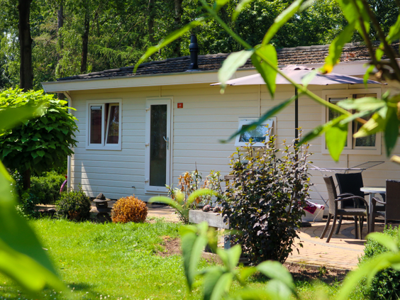 Een gezellig wit chalet met een eigen tuin en terras, omringd door het weelderige groen van Droompark Hooge Veluwe.