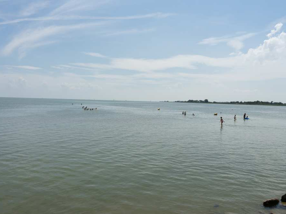 Kinderen en volwassenen zwemmen en spelen op een zonnige dag in het ondiepe water van het Markermeer bij het strand van EuroParcs Markermeer.