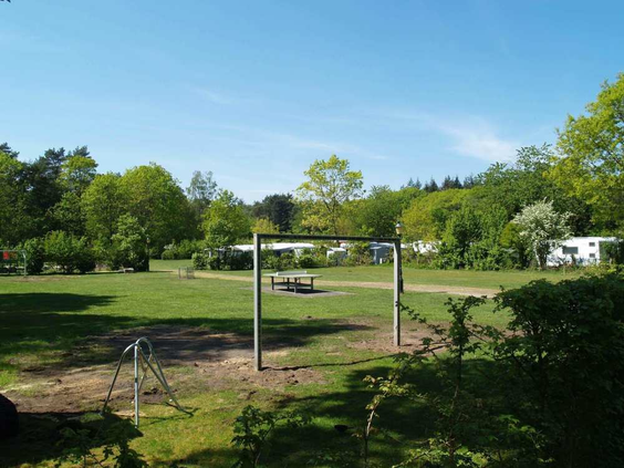 Een groot groen sportveld om te spelen en sporten naast de kampeerplekken op het vakantiepark.