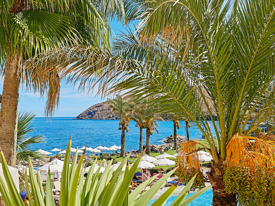 Uitzicht op de helderblauwe zee en het strand door de groene bladeren van de palmbomen bij Grecotel Club Marine Palace op Kreta.