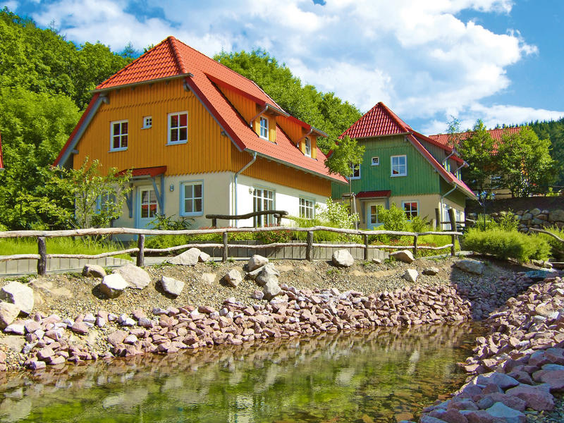 De kleurrijke vakantiehuizen van Hasseröder Ferienpark in de Harz, gelegen in een groene omgeving aan een beekje.