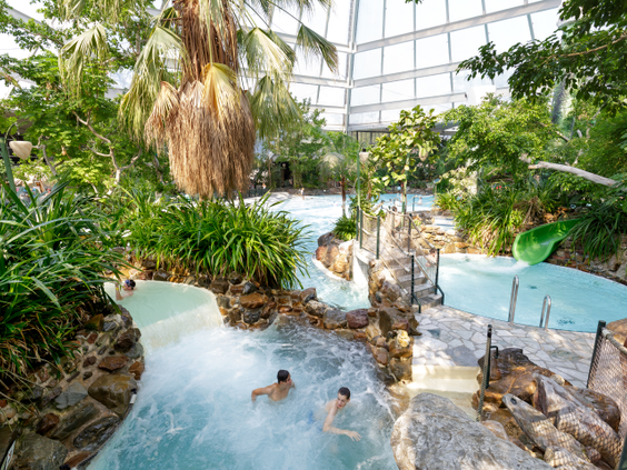 Overzicht van het subtropische zwemparadijs Aqua Mundo bij Het Heijderbos, met gasten in het water, een bubbelbad en veel tropische planten onder de glazen koepel.