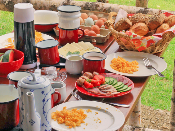 Heerlijk buiten ontbijt of picknick met verse broodjes, beleg en warme dranken, perfect voor gezinnen bij Hohenwarter Seehof.