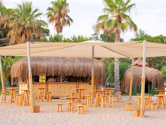De gezellige strandbar met een rieten dak op het zandstrand van Hotel Ali Bey Club in Side, omgeven door palmbomen.