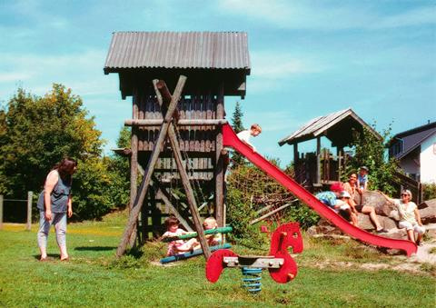 Kinderen spelen in de houten speeltuin met een grote glijbaan en klimtoren op vakantiepark Feriendorf Waldbrunn.
