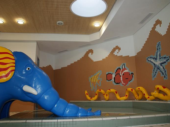 Het vrolijke kinderbad in Feriendorf Waldbrunn met een blauwe dolfijnenglijbaan en een mozaïek van een clownvis.
