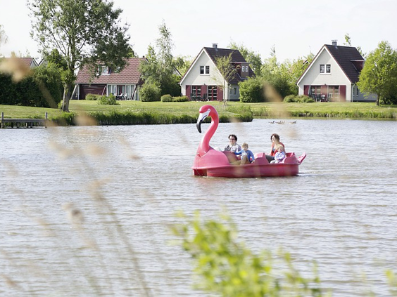 Kinderen in een roze flamingo waterfiets op de Grote Rietplas, met de vakantiehuizen van Sandur op de achtergrond.