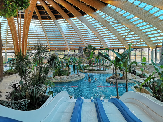 Het grote overdekte zwemparadijs 'Le Dôme' op Domaine des Ormes, met een golfslagbad, glijbanen en tropische palmbomen onder een glazen koepel.