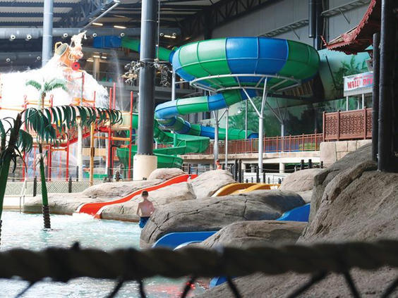 Overzicht van de vele kleurrijke waterglijbanen in het Aquadome waterpark van vakantiepark Lalandia Billund.