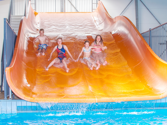 Familie gaat in het zwembad met familieglijbaan van de familieglijbaan bij het Land van Bartje