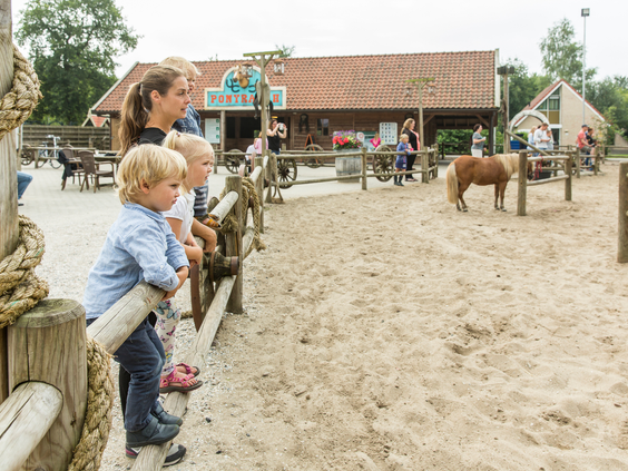Een moeder met twee jonge kinderen staat langs de houten omheining te kijken naar een pony in de bak van de ponyranch op Landal het Land van Bartje.