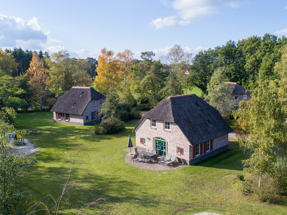 Overzicht van de karakteristieke Drentse boerderijen met rieten daken in de bosrijke en groene omgeving van vakantiepark Landal het Land van Bartje.