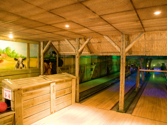 Een gezellige bowlingbaan op Landal Aelderholt, sfeervol ingericht in boerderijstijl met houten details en een bar.