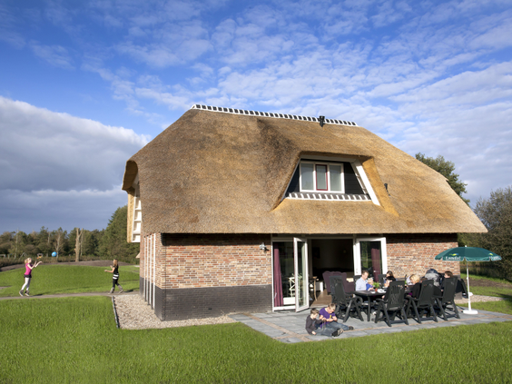 Een luxe, vrijstaande boerderijwoning met een traditioneel rieten dak op Landal Aelderholt, met een groot terras en een uitgestrekt grasveld waar kinderen spelen.