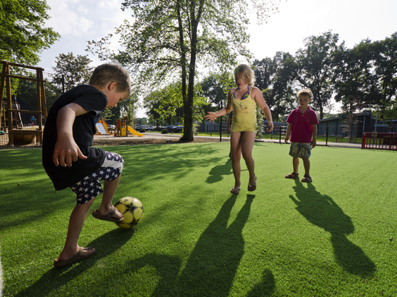 Een groep kinderen speelt vrolijk een potje voetbal op het groene sportveld op Landal Amerongse Berg.