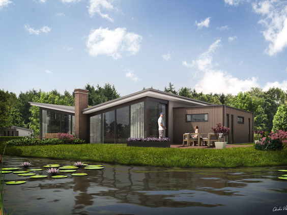 Een luxe en moderne vrijstaande bungalow met een terras direct gelegen aan een vijver vol waterlelies op Landal Amerongse Berg.