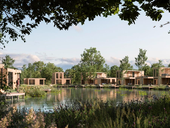 Moderne waterlodges direct aan het water op vakantiepark Landal De Wedderplassen in Groningen.