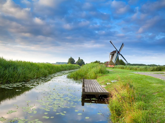 Typisch Hollands landschap in de buurt van Landal De Wedderplassen, met een traditionele molen aan het water in Groningen.