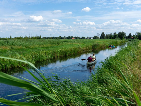 Twee mensen varen in een kano door een sloot in het natuurrijke landschap rondom Landal De Wedderplassen.