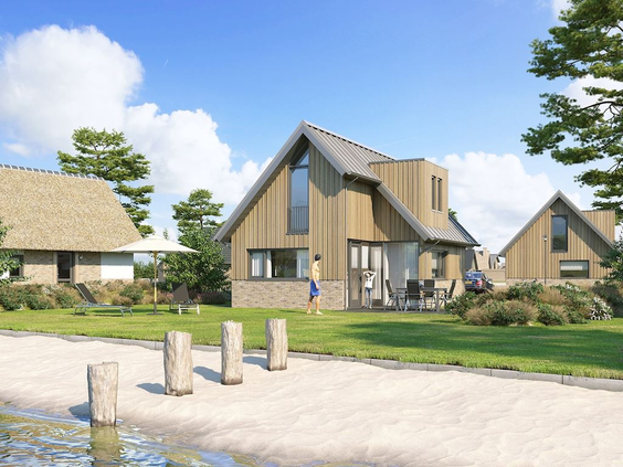 Een modern, houten vakantiehuis op Landal Drentse Lagune, gelegen aan een privé zandstrandje direct aan de recreatieplas.