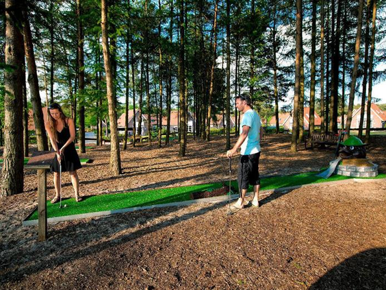 Een man en vrouw spelen een potje avonturengolf op de midgetgolfbaan die mooi gelegen is in het bos van Landal Dwergter Sand.