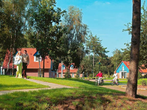 Gasten fietsen en wandelen over de paden van het groene en ruim opgezette vakantiepark Landal Dwergter Sand.