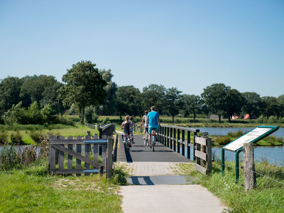 Vakantiegangers fietsen over een houten brug in de waterrijke en groene omgeving van vakantiepark Landal Elfstedenhart.