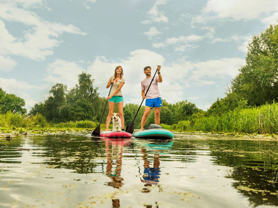 Een sportief gezin met kind aan het suppen (stand-up paddling) op het rustige water bij Landal Elfstedenhart.