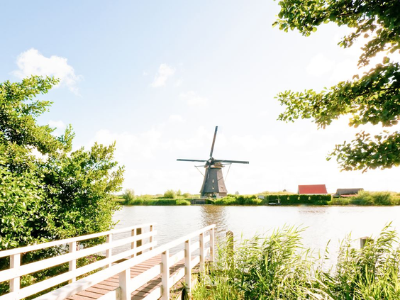 Een klassieke Friese windmolen aan het water in een groen landschap, gezien vanaf een karakteristiek wit houten bruggetje.