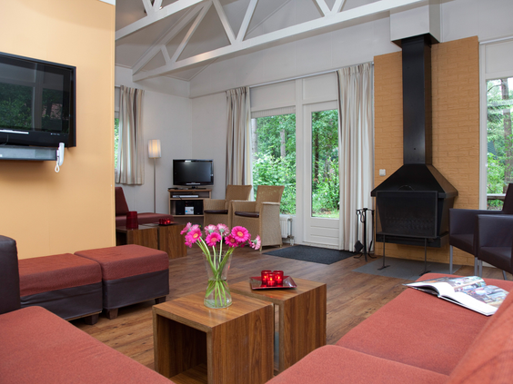 De gezellige woonkamer van een bungalow op Landal Heideheuvel met een grote rode hoekbank, houten meubels en een sfeervolle open haard.