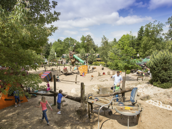 Overzicht van het binnenzwembad op Landal Heideheuvel waar gezinnen met kinderen zwemmen en spelen in het water.
