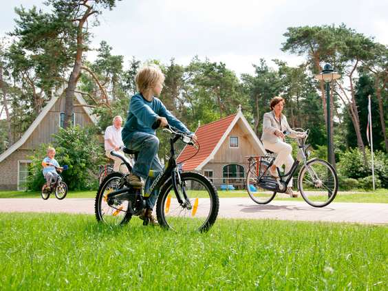 Een gezin met kinderen fietst over een pad op het bosrijke en autoluwe vakantiepark Landal Hellendoornse Berg.