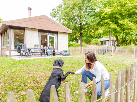 Een vrouw geeft een pootje aan haar zwarte hond in de omheinde tuin van een speciale hondenbungalow op Landal Hochwald.