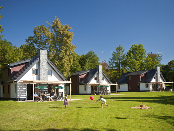 Kinderen spelen met een bal op het grote, groene grasveld voor de vrijstaande vakantiebungalows op Landal Hochwald.